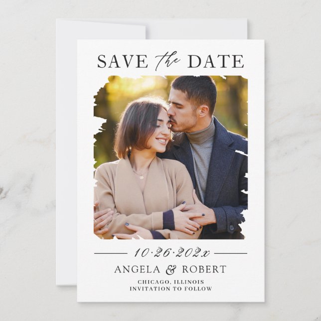 Modern Geometric Abstract Brush Stroke Photo Frame Save The Date (Front)