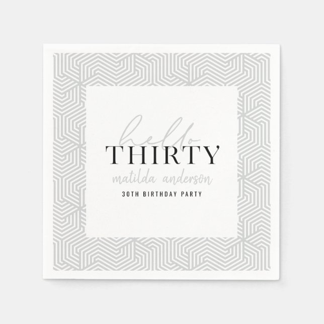 Modern geometric and script 30th birthday party napkin (Front)