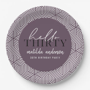 Modern geometric and script 30th birthday party paper plate