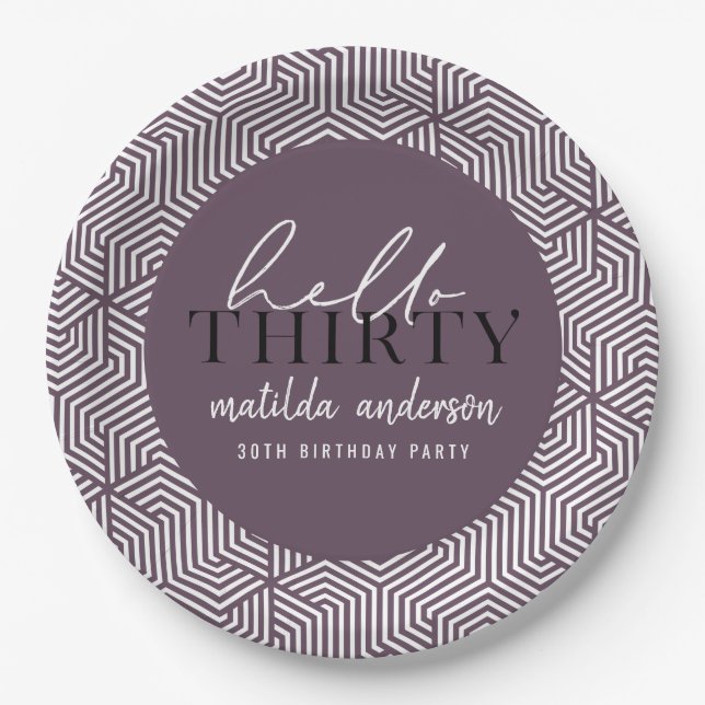 Modern geometric and script 30th birthday party paper plate (Front)