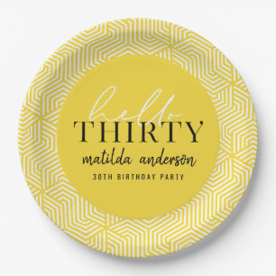 Modern geometric and script 30th birthday party paper plate