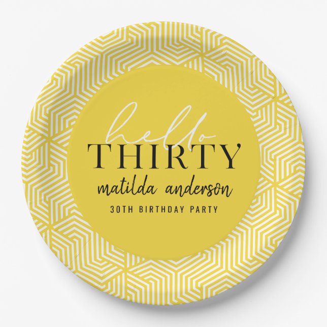Modern geometric and script 30th birthday party paper plate (Front)