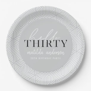 Modern geometric and script 30th birthday party paper plate