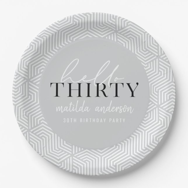 Modern geometric and script 30th birthday party paper plate (Front)