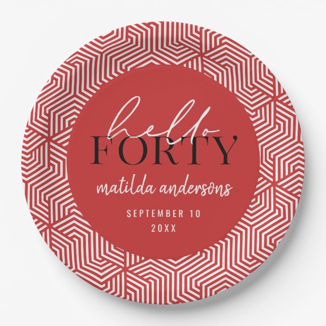 Modern geometric and script 40th birthday party paper plate (Front)
