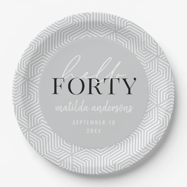 Modern geometric and script 40th birthday party paper plate (Front)