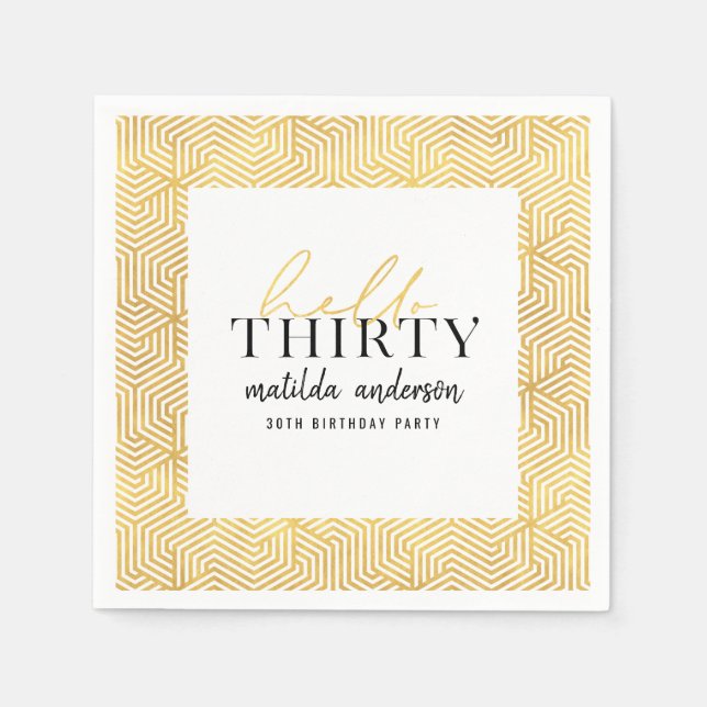 Modern geometric and script gold 30th birthday napkin (Front)