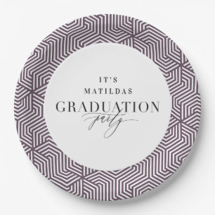 Modern geometric and script graduation party paper plate