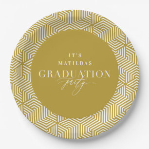 Modern geometric and script graduation party paper plate