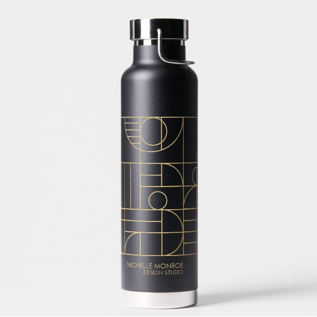 Modern Geometric Art Deco Faux Gold/Black Designer Water Bottle (Left)