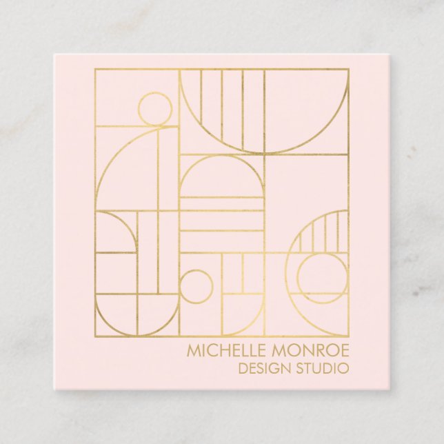 Modern Geometric Art Deco Faux Gold/Pink Designer Square Business Card (Front)