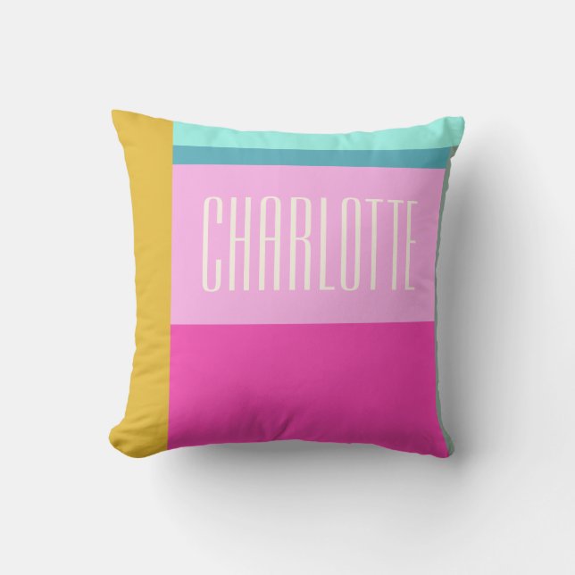 Modern Geometric Art Personalized Blue Pink Yellow Throw Pillow (Front)