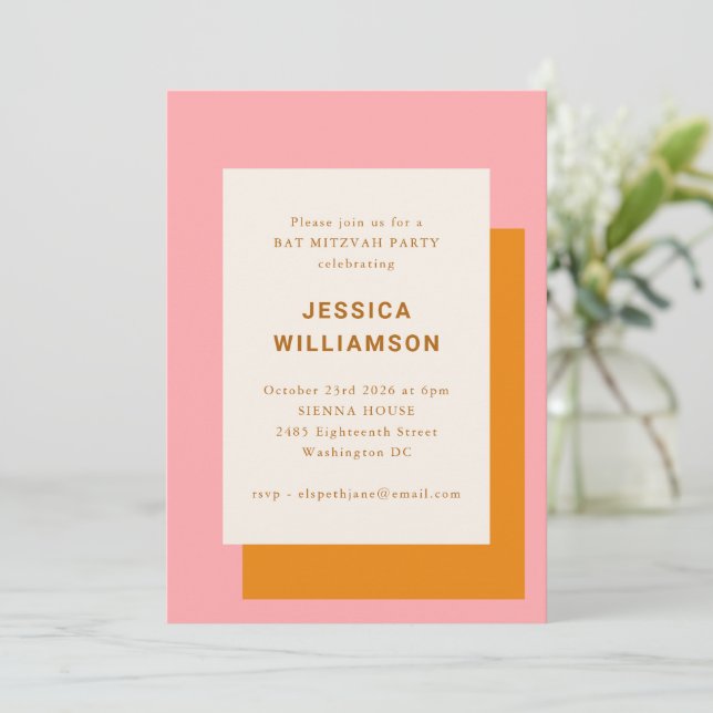 Modern Geometric Bat Mitzvah Party Pink Orange Invitation (Standing Front)