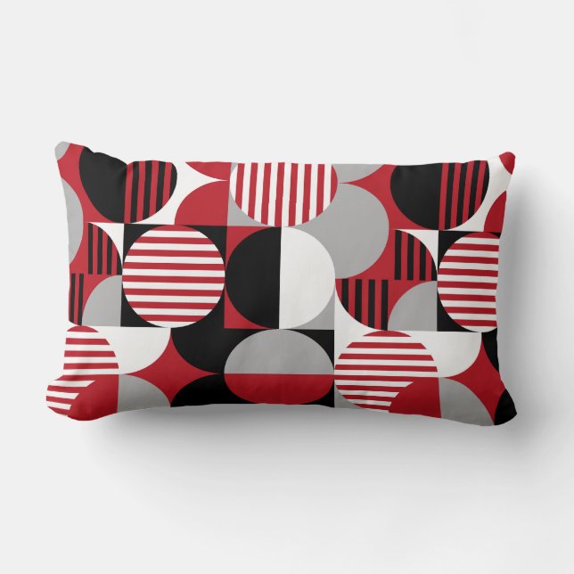 Modern Geometric Bauhaus, Black, Red, Grey Lumbar Pillow (Front)