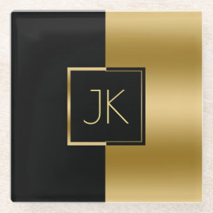 Modern Geometric Black And Gold Monogram Glass Coaster