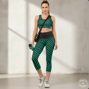 Modern Geometric Black & Teal Diagonal Stripes Capri Leggings