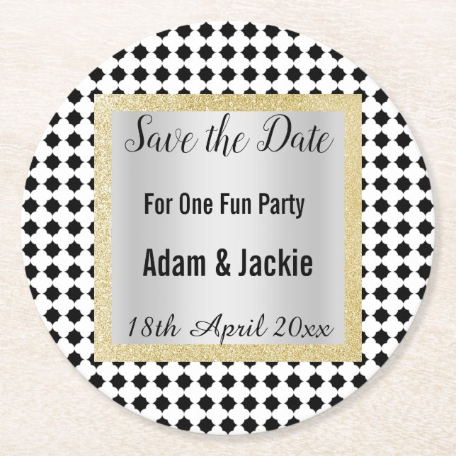 MODERN GEOMETRIC BLACK WHITE SAVE THE DATE COASTER (Front)