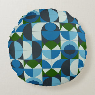Modern Geometric Blue and Green Abstract Round Pillow