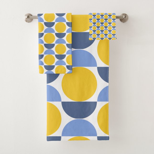 Modern Geometric Blue and Yellow Circles Bath Towel Set (Insitu)