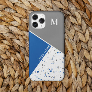 Modern Geometric Blue Grey Terrazzo Monogram iPhone 13 Pro Case