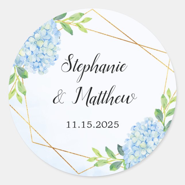 Modern Geometric Blue Hydrangea Wedding Classic Round Sticker (Front)