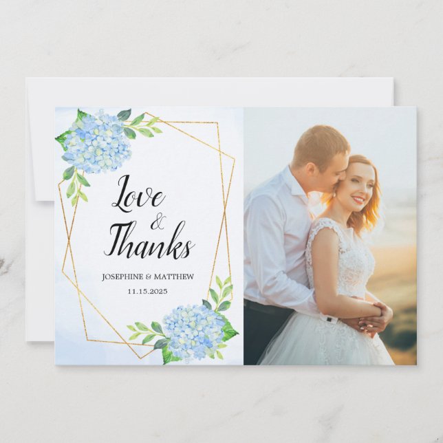 Modern Geometric Blue Hydrangea Wedding Photo Thank You Card (Front)