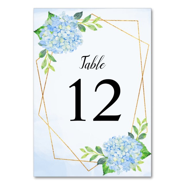 Modern Geometric Blue Hydrangea Wedding Table Number (Front)
