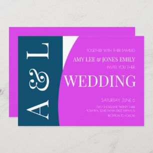 Modern Geometric Blue Magenta Bright Wedding  Invitation