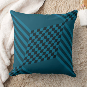Modern Geometric Blue Stripes Diamond Checkers Throw Pillow