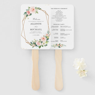 Modern geometric blush pink floral wedding program hand fan