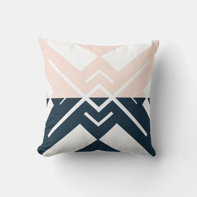 Modern geometric blush pink navy blue colour block throw pillow (Front)