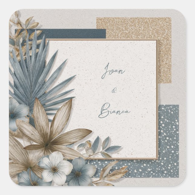 Modern Geometric Botanical Tropical Floral Wedding Square Sticker (Front)