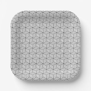 Modern Geometric Box Lines Square Black and White Paper Plate