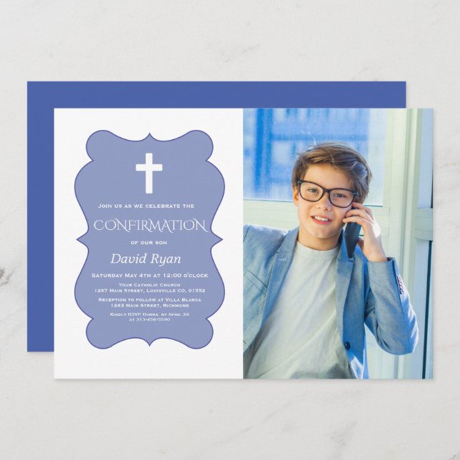 Modern Geometric Boy Photo Gold Confirmation Invitation (Front/Back)