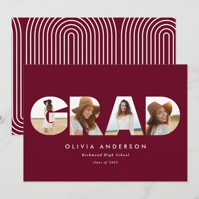 Modern geometric burgundy multi photo graduation (Front/Back)