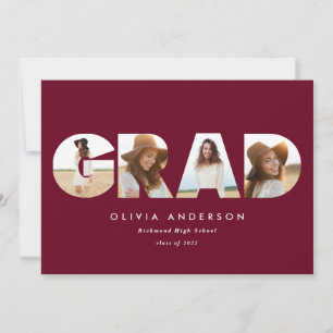 Modern geometric burgundy multi photo graduation announcement