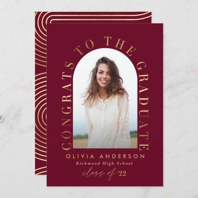 Modern geometric burgundy photo arch graduation (Front/Back)