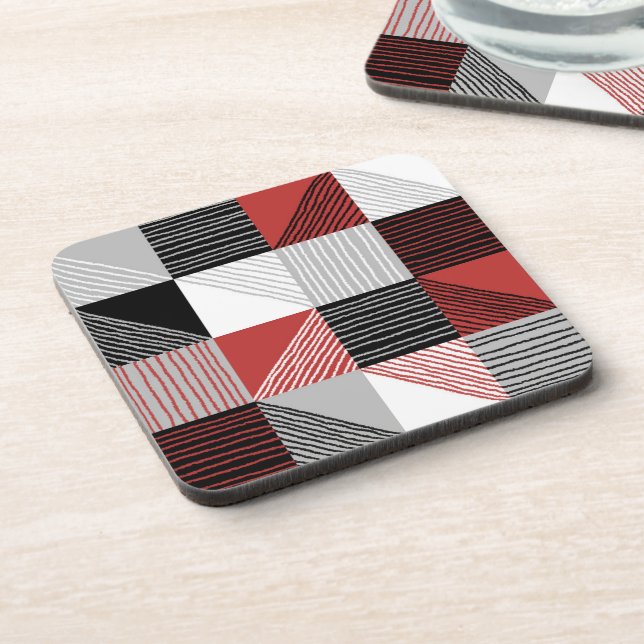 Modern Geometric Checkers, Black, Red, Grey  Coaster (Left Side)