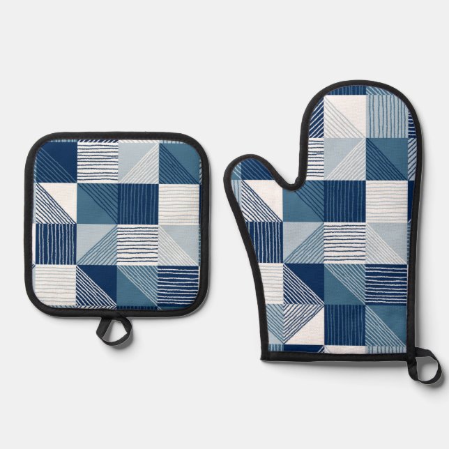 Modern Geometric Checks with Lines in Blue Oven Mitt & Pot Holder Set (Front)