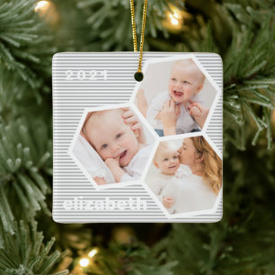 Modern Geometric Chic Custom Baby Photo Ceramic Ornament