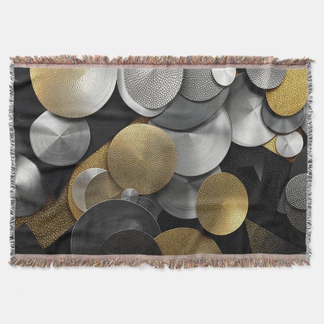 Modern Geometric Circles in Gold and Silver Throw Blanket (Front)