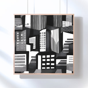 Modern Geometric City Black & White Contemporary Poster