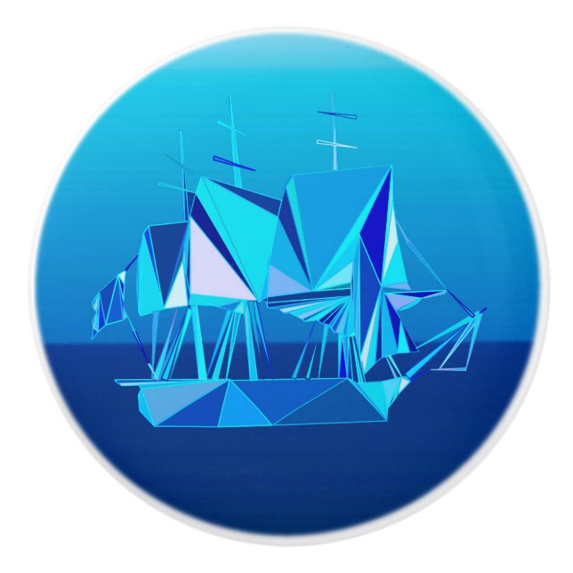 Modern Geometric Clipper Ship, Cobalt Blue Ceramic Knob (Front)