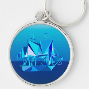 Modern Geometric Clipper Ship, Cobalt Blue Keychain