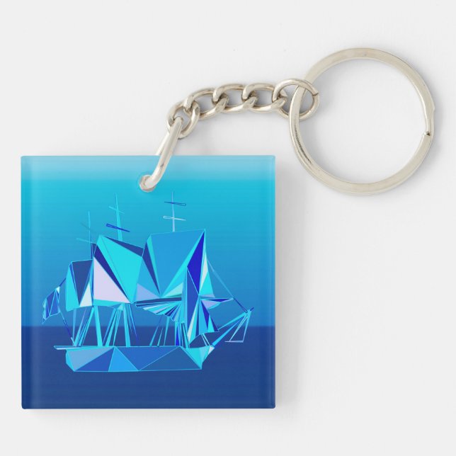 Modern Geometric Clipper Ship, Cobalt Blue Keychain (Back)