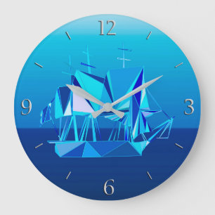 Modern Geometric Clipper Ship, Cobalt Blue Large Clock