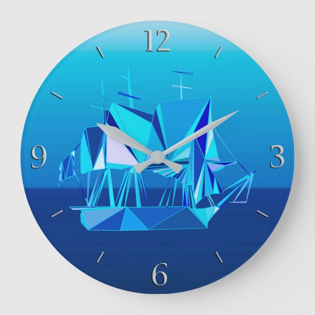 Modern Geometric Clipper Ship, Cobalt Blue Large Clock (Front)