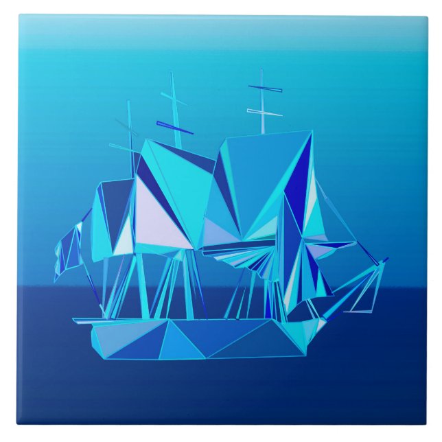 Modern Geometric Clipper Ship, Cobalt Blue Tile (Front)