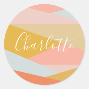 Modern Geometric Colour Block Personalized Coral  Classic Round Sticker
