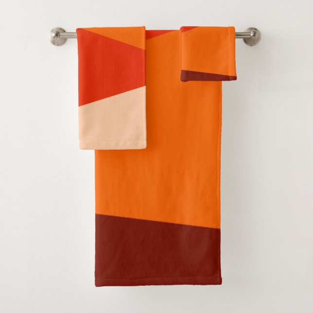 Modern Geometric Colour Block Warm Red Orange Bath Towel Set (Insitu)